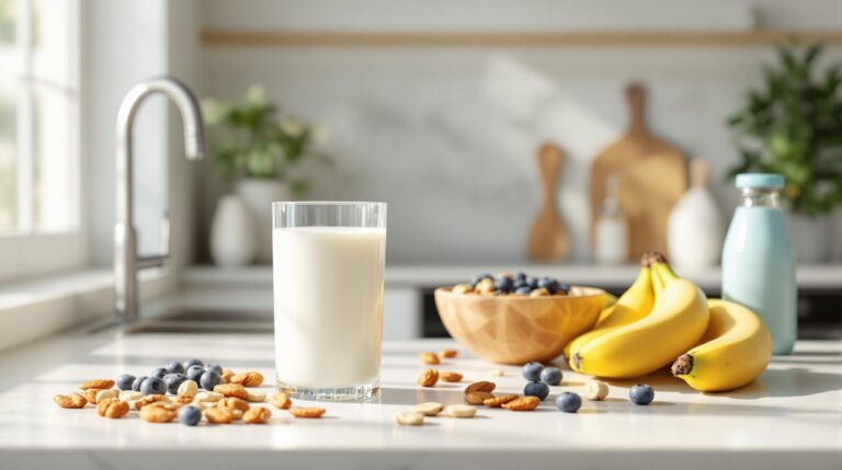 A bright kitchen countertop with almond milk, nuts, and fruits near a sunlit window.