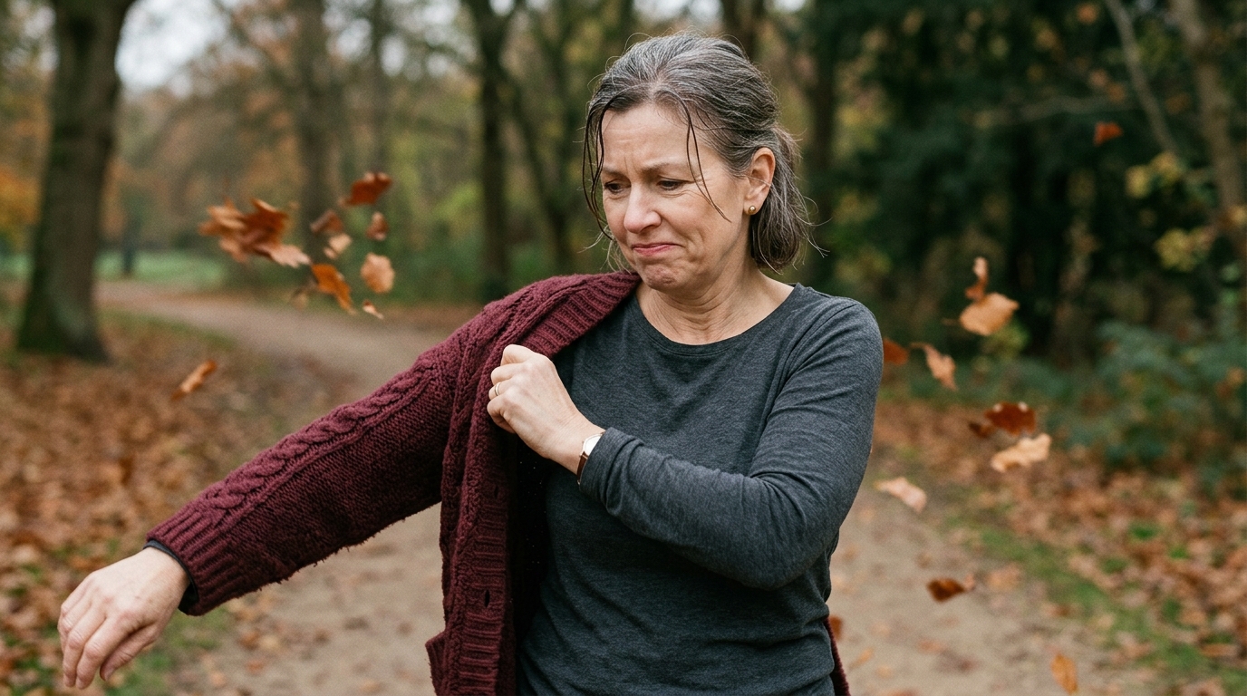 woman removing layers during temperature fluctuation
