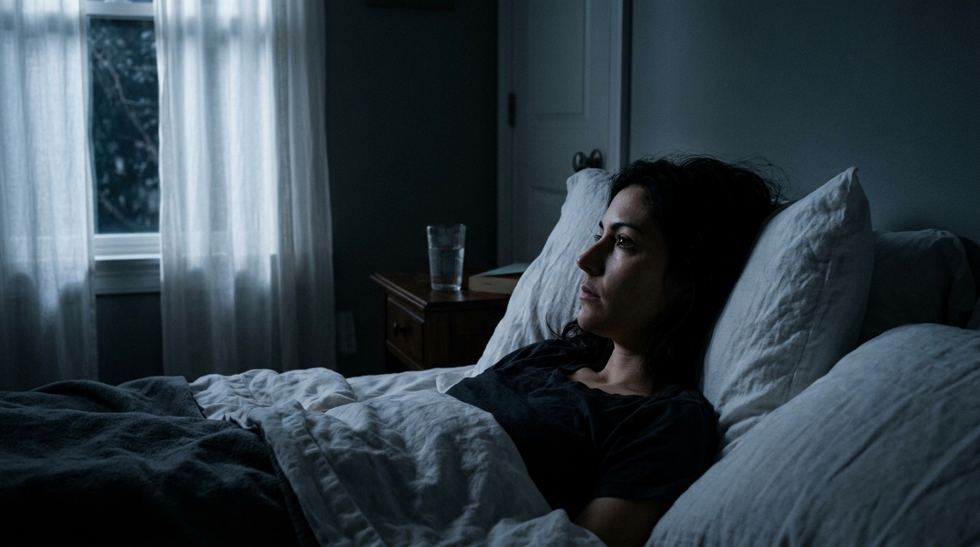 woman awake in bed moonlight streaming through curtains