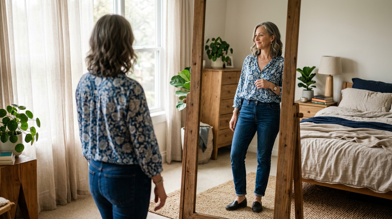 woman looking at reflection with acceptance