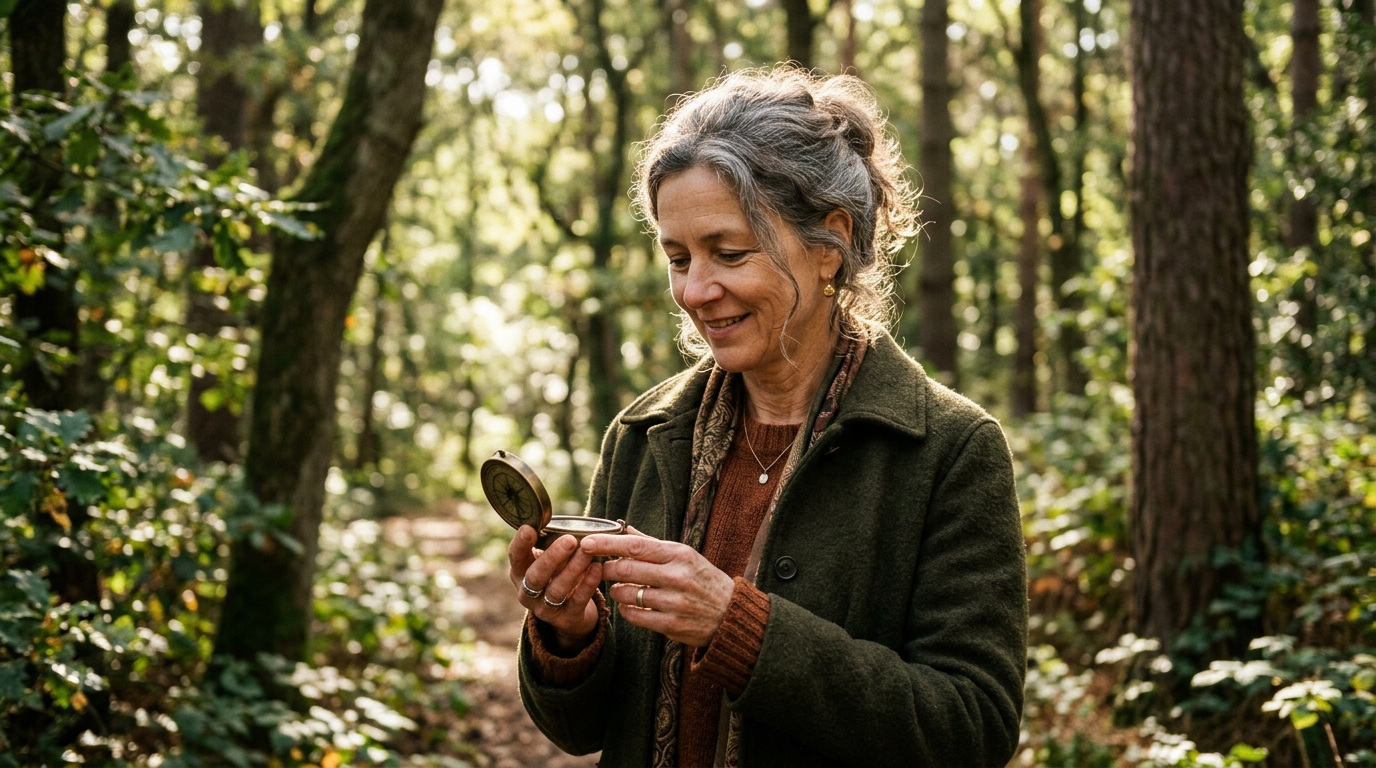 woman holding compass in dappled forest light