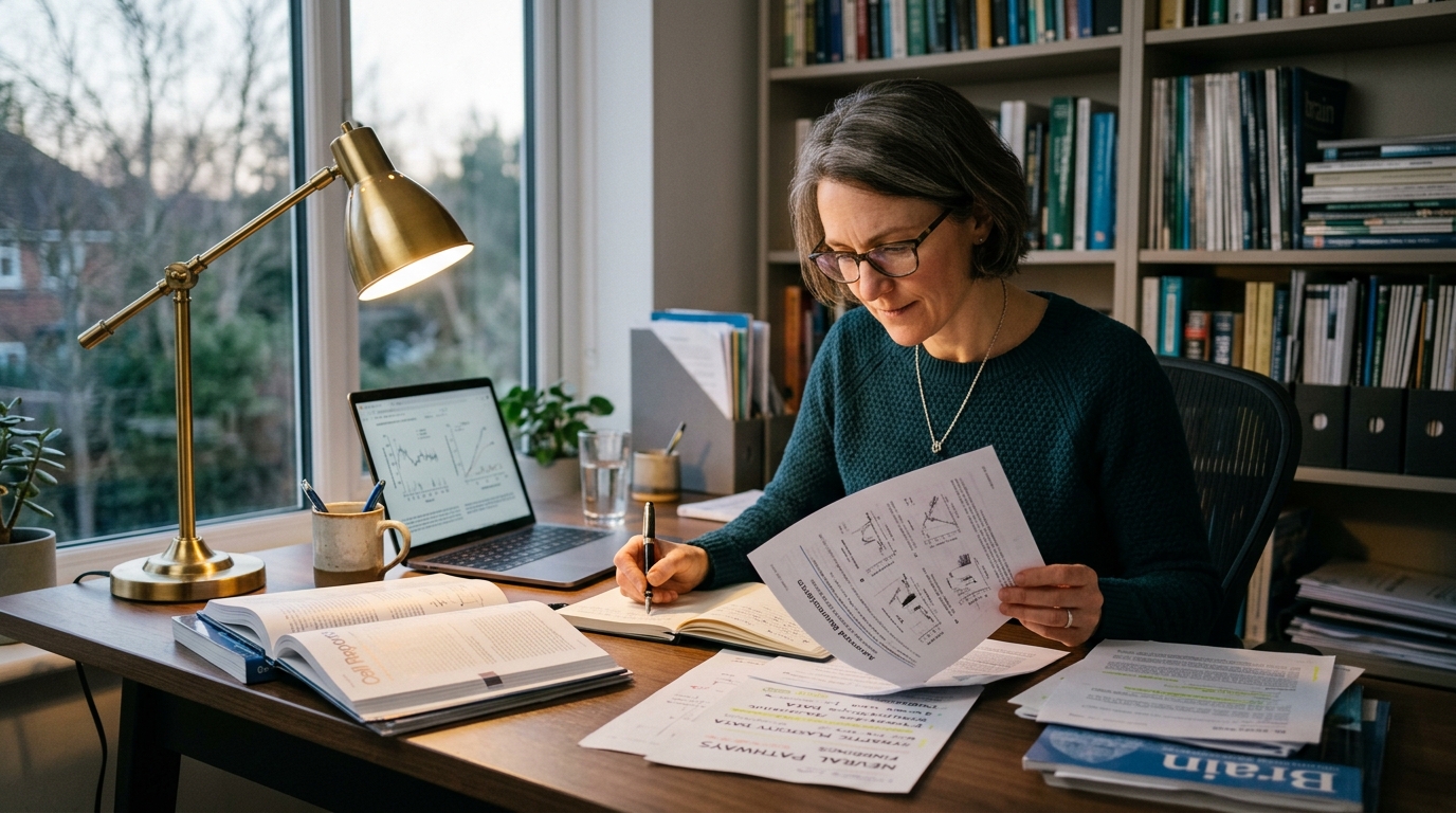 woman studying research papers desk lamp focused