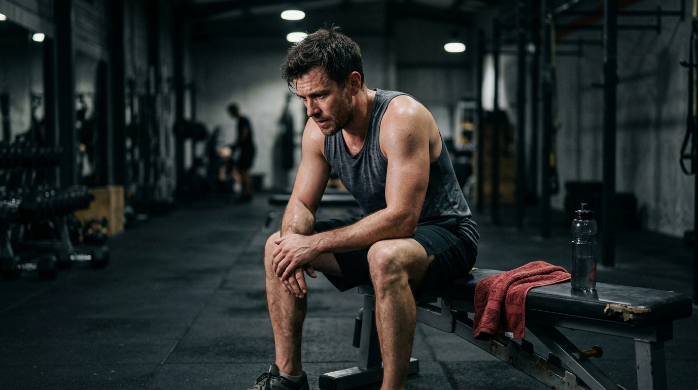 man gym bench contemplative after workout moody lighting