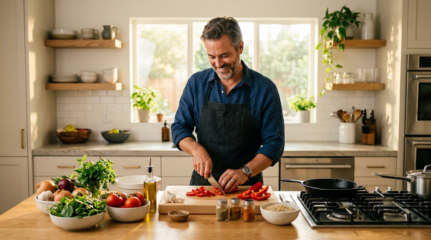 man preparing meal kitchen confident afternoon light ingredients