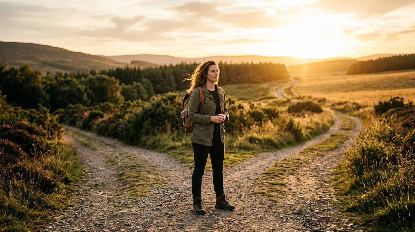 woman crossroads path golden hour determined forward looking