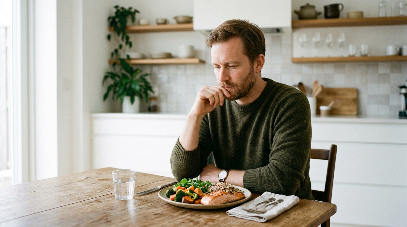 man contemplating healthy meal weight management challenge