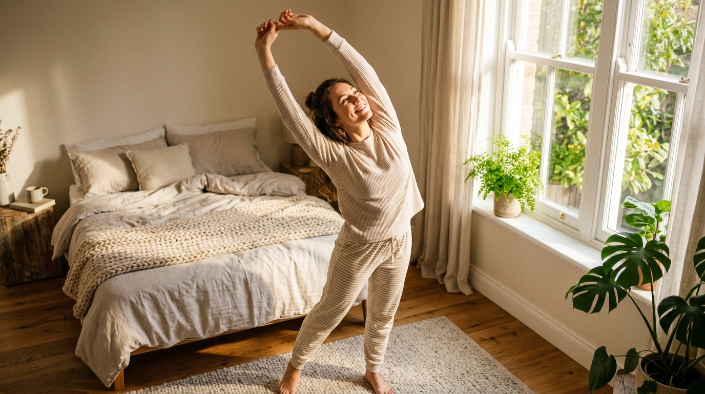 energized woman morning stretch cellular vitality