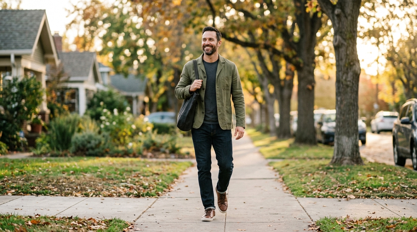 confident man walking neighborhood energy weight connection