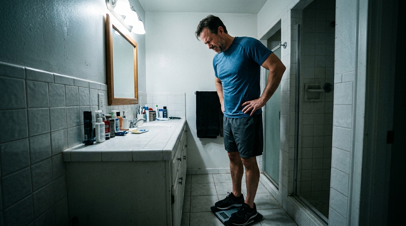 frustrated man bathroom scale traditional diet failure
