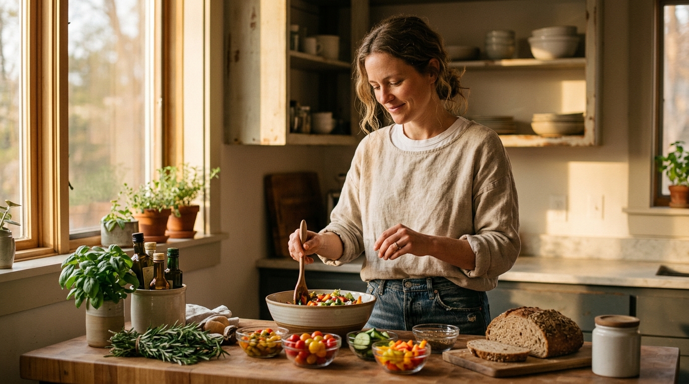 woman preparing healthy meal cellular transformation kitchen