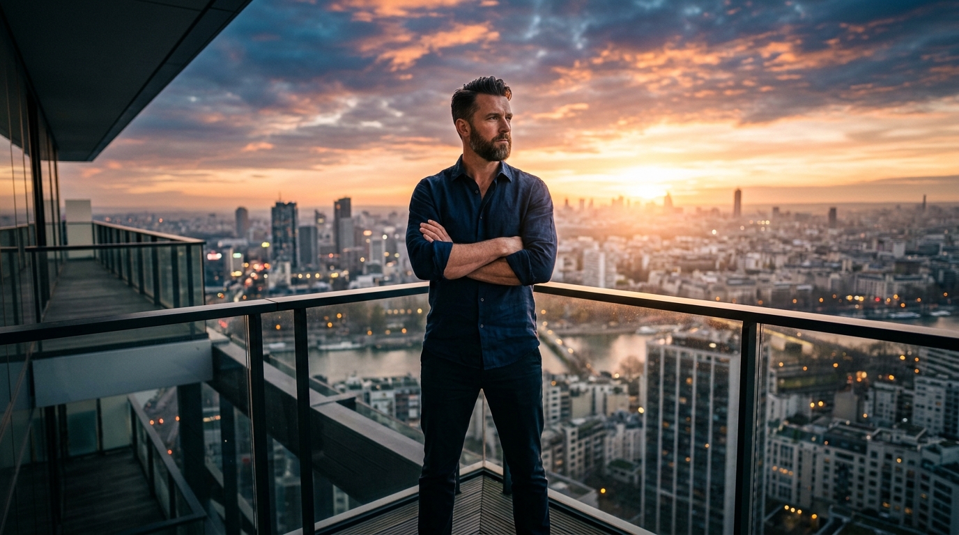 confident man balcony sunrise cellular energy revolution