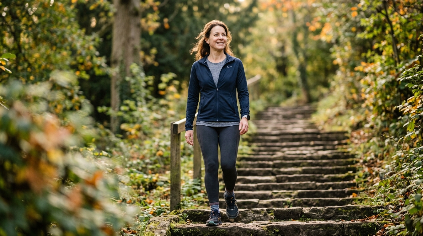 woman climbing stairs with renewed energy