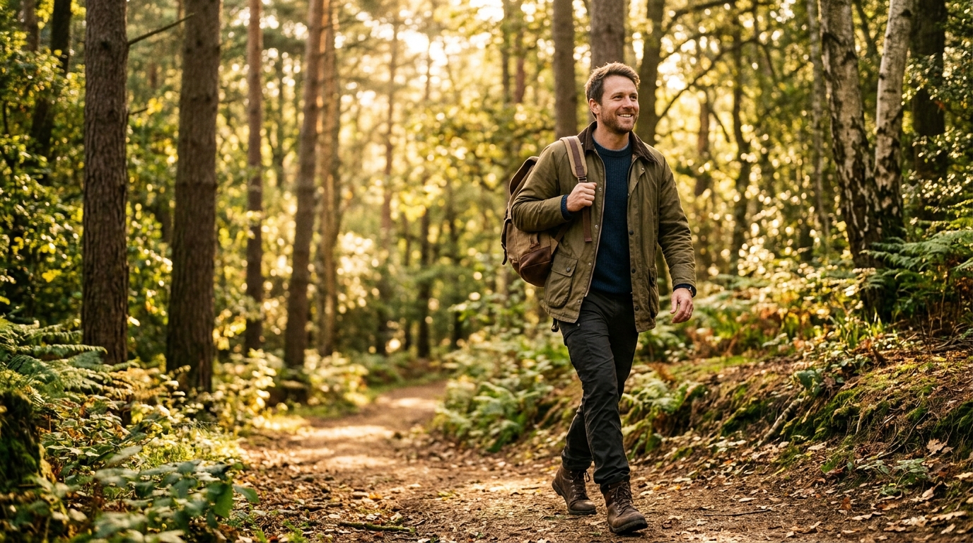 man walking forest path with natural energy