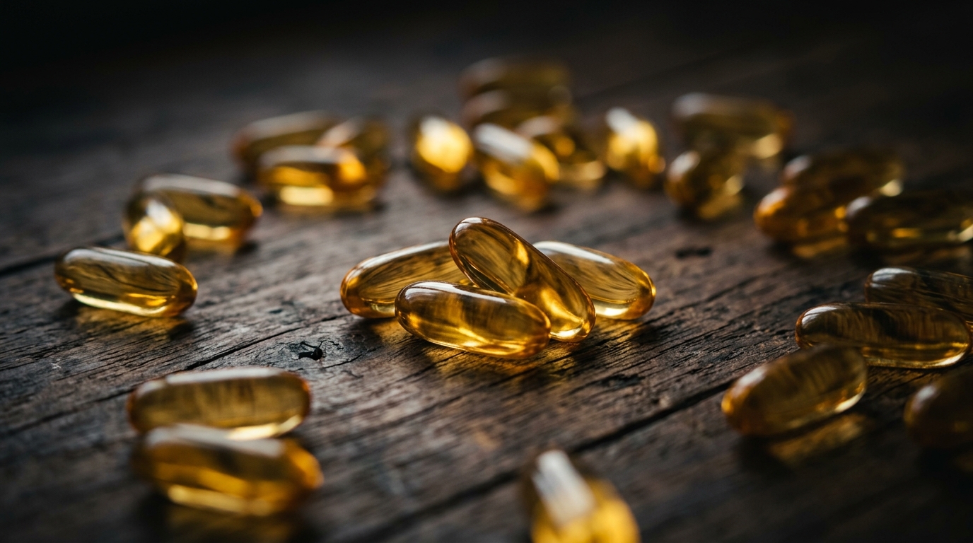 omega-3 fish oil capsules on wooden surface