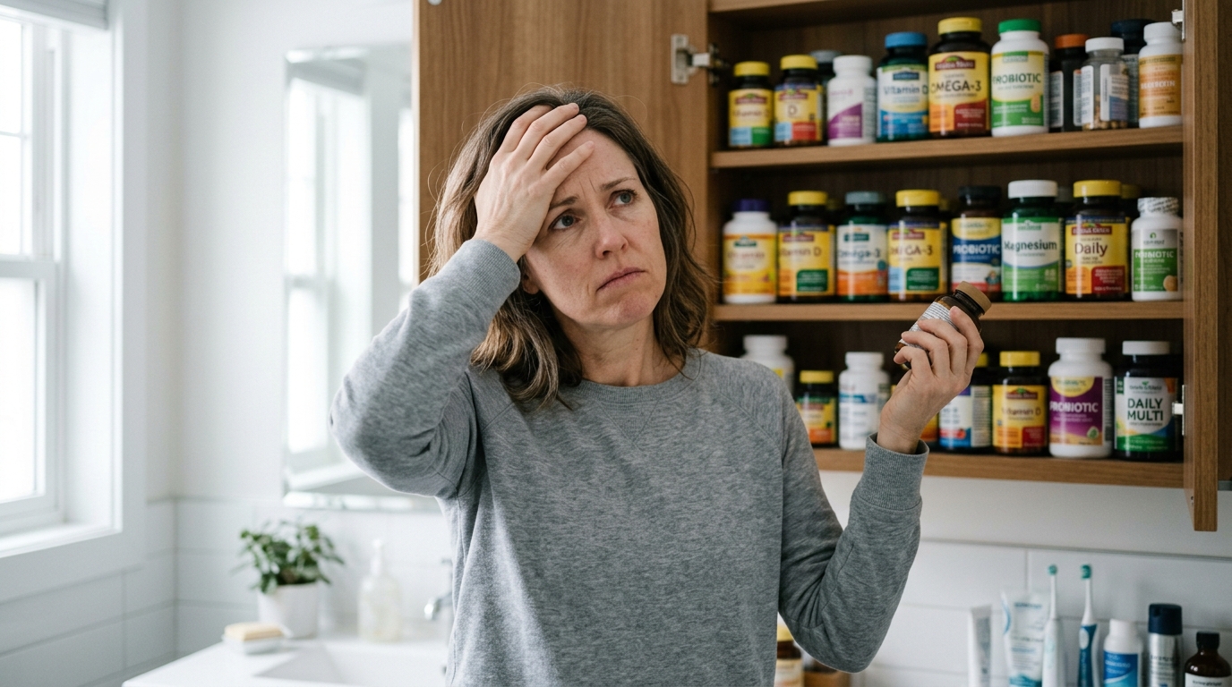 woman overwhelmed by multiple supplement bottles