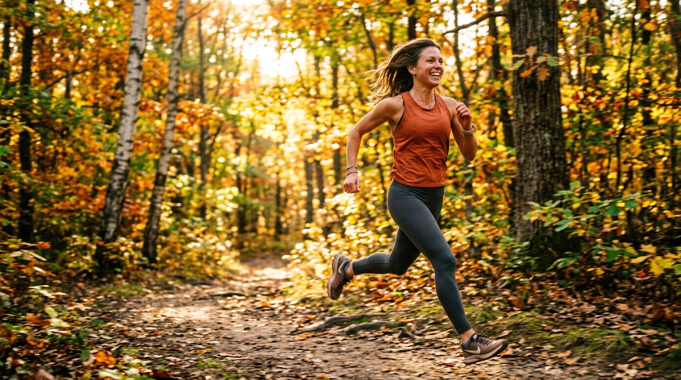 energetic woman moving through forest trail