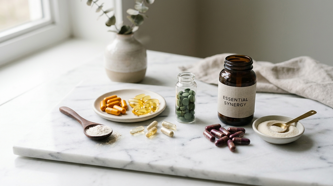 various supplements arranged harmoniously on marble