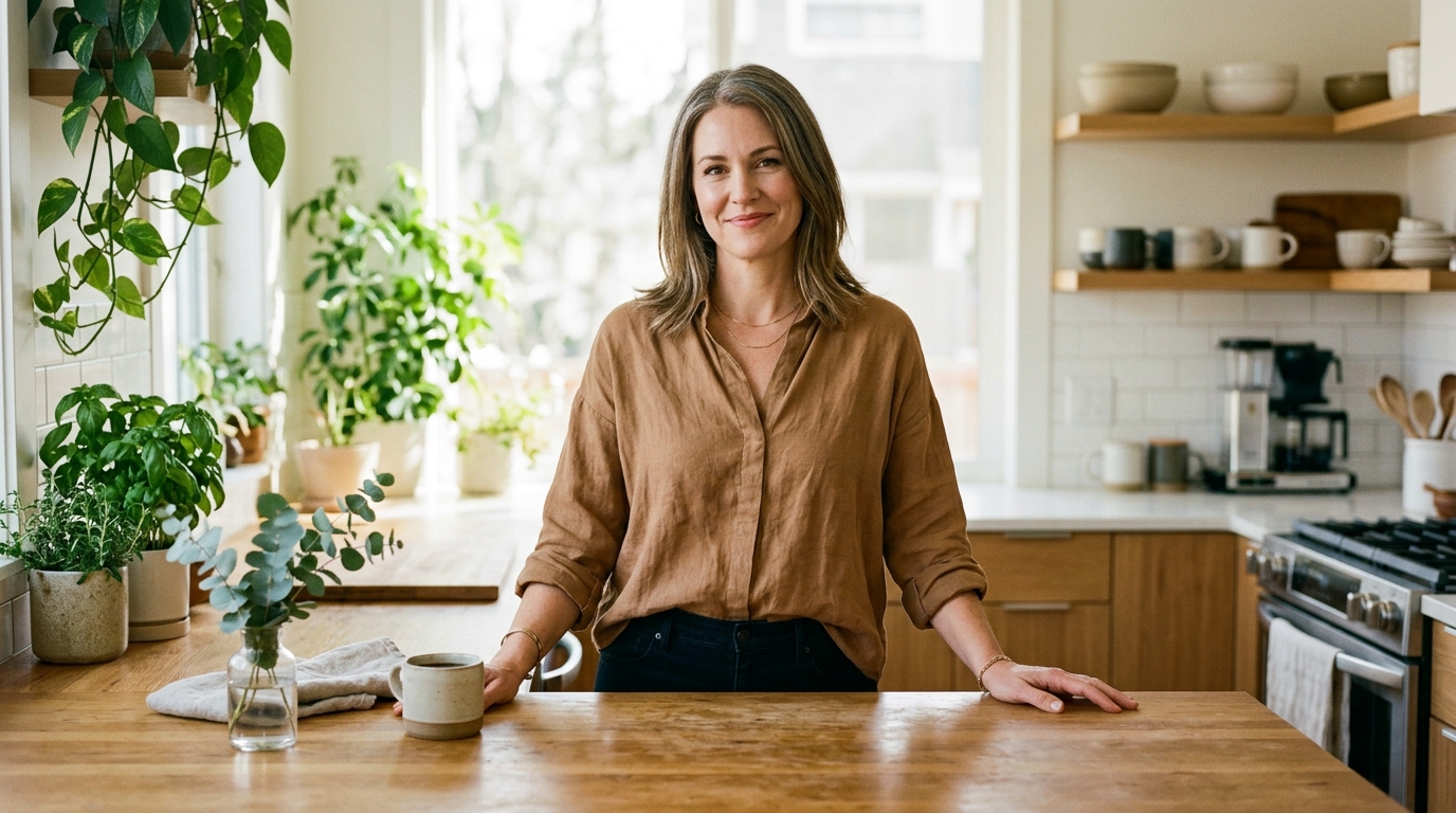 confident woman in bright modern kitchen