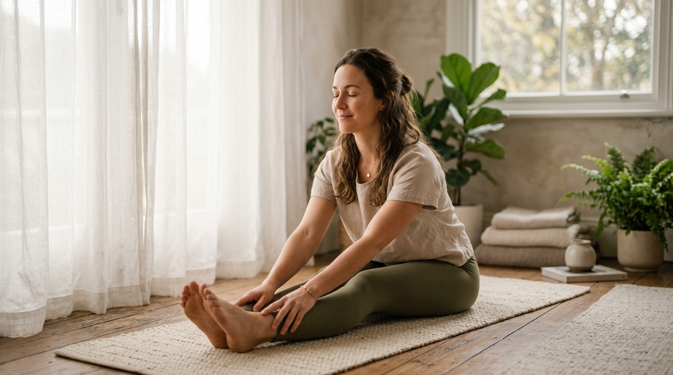 woman stretching peaceful morning light wellness