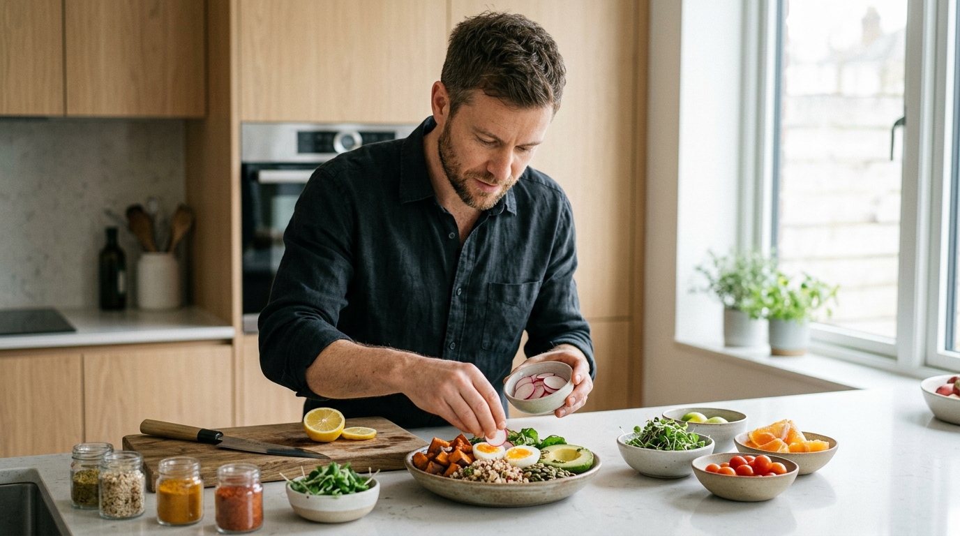 man preparing healthy meal focused kitchen nutrition