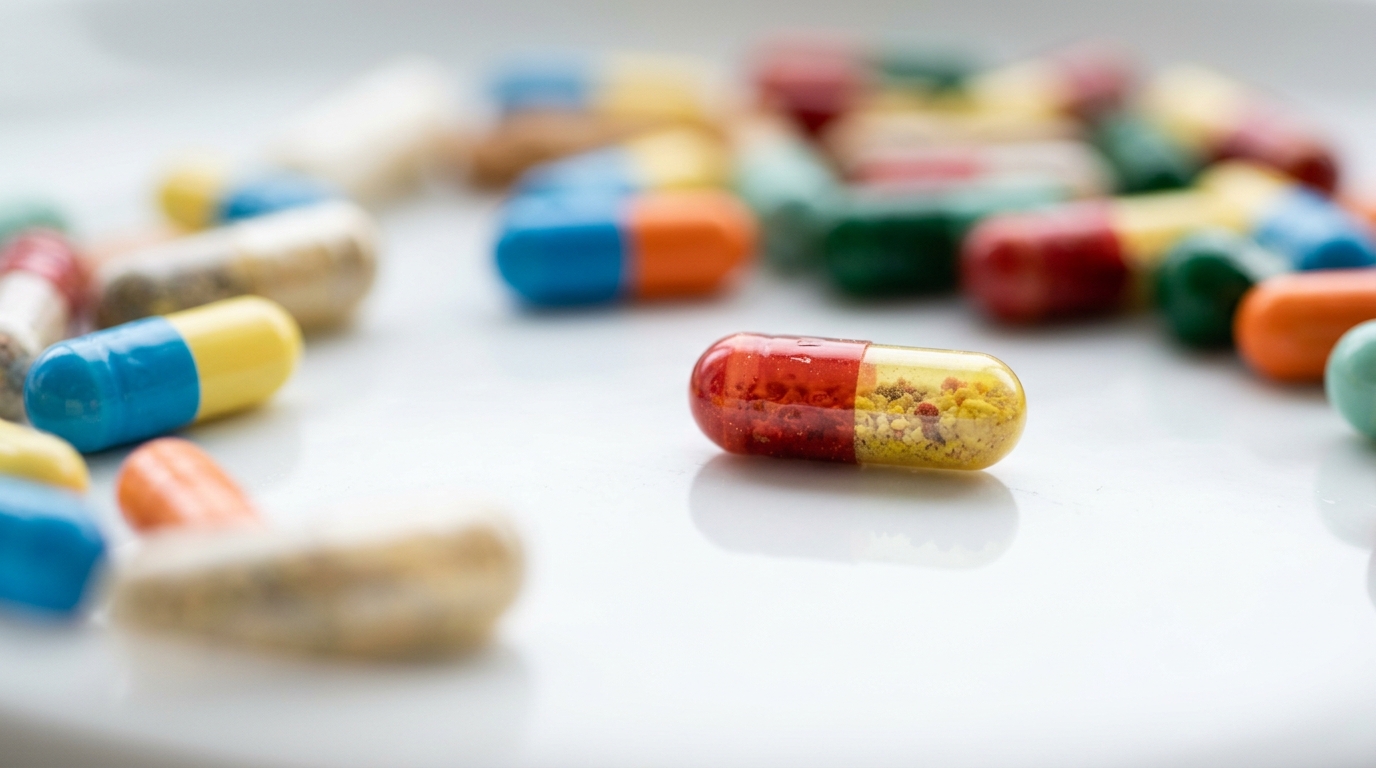 colorful supplement capsules scattered macro photography shallow focus
