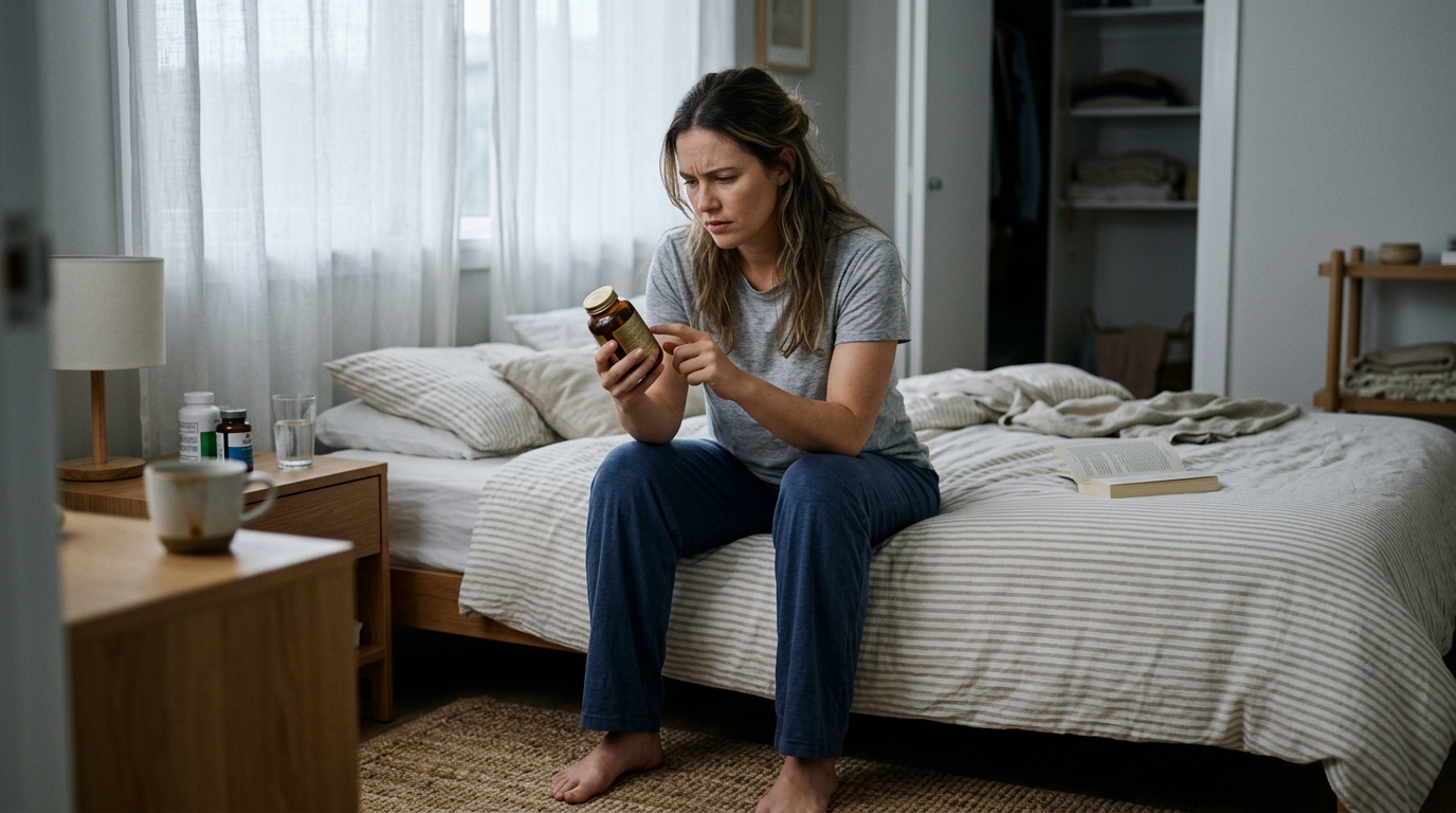 tired woman reading supplement label bedroom morning light