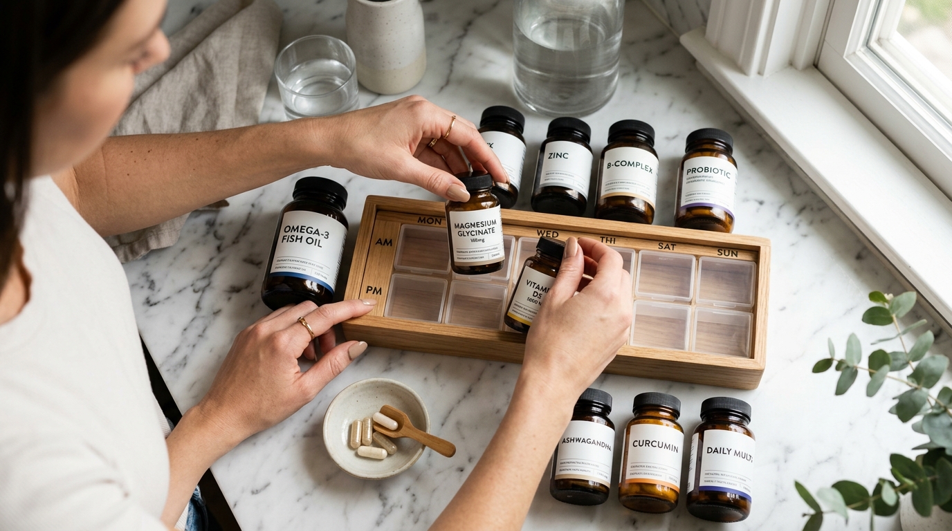 hands arranging supplements methodically marble counter overhead view