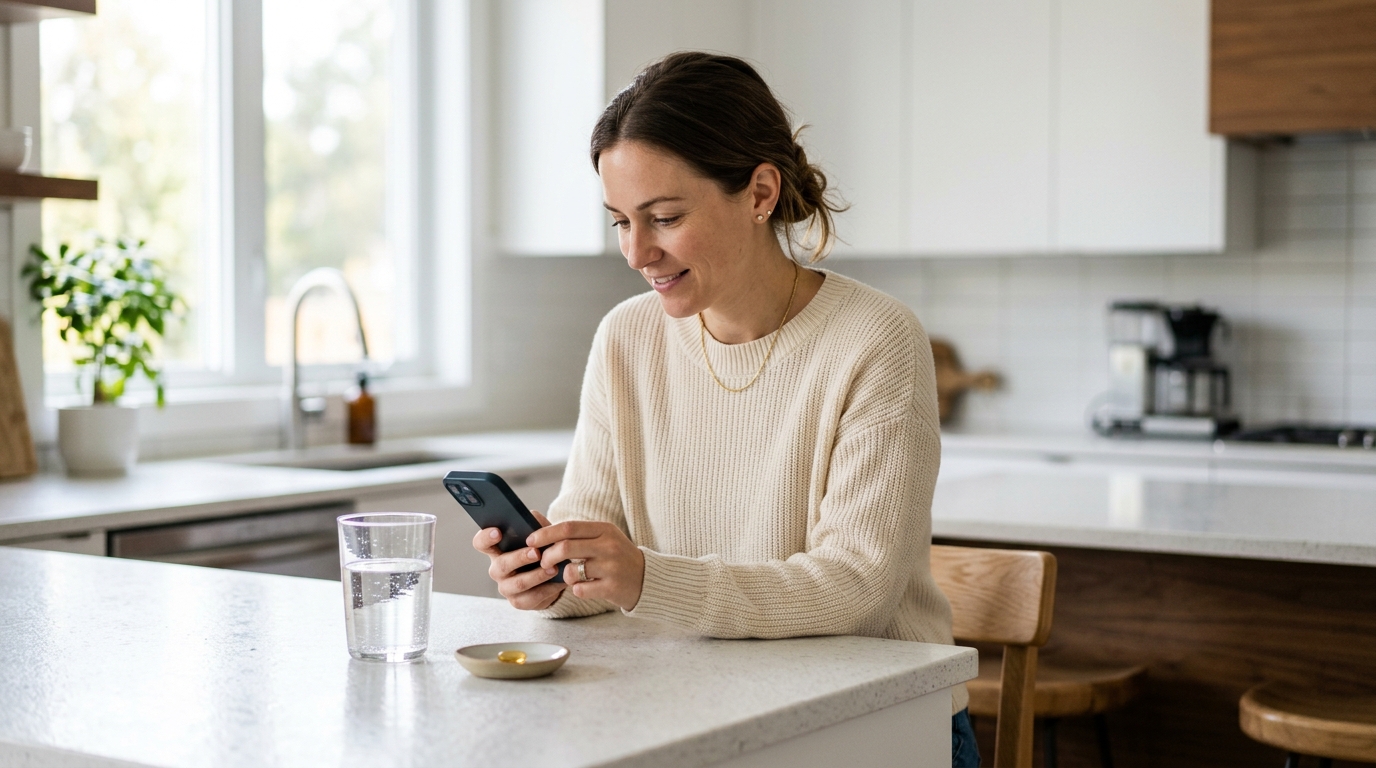 woman checking timing phone supplement water kitchen counter