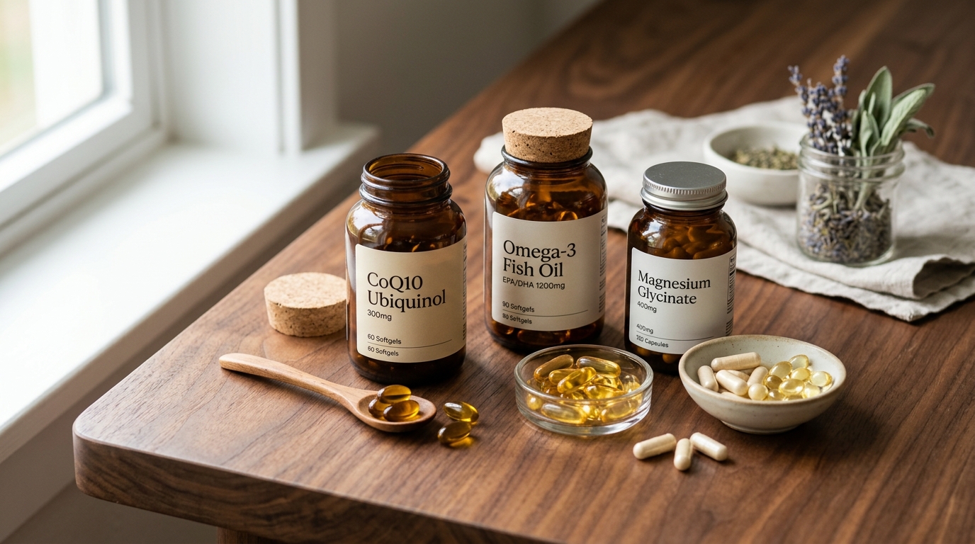 complementary supplements arranged harmony wood surface natural lighting