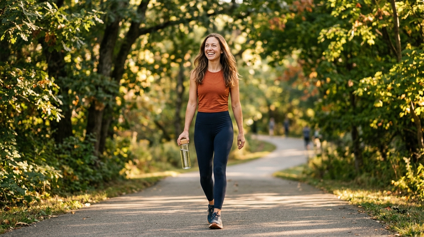 confident woman walking tree lined path golden afternoon light