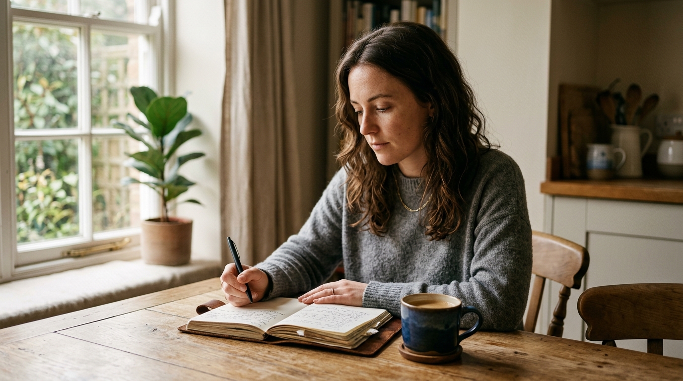 woman journaling morning self assessment routine