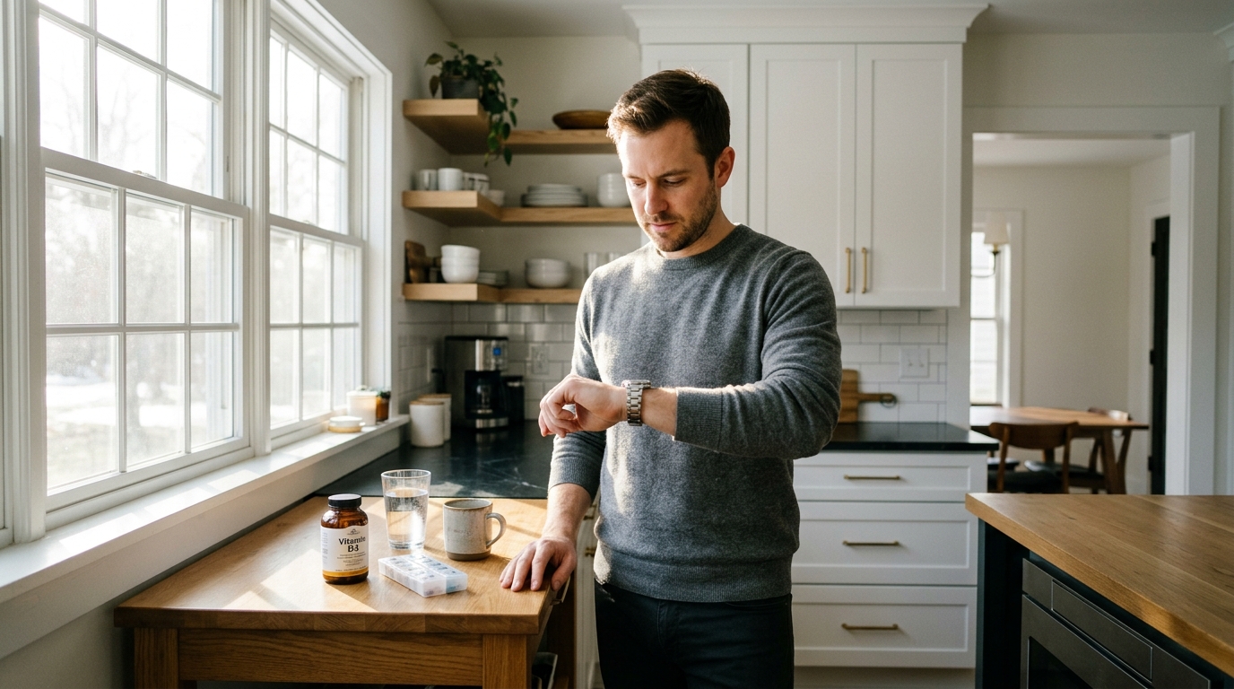 man checking time morning supplement routine