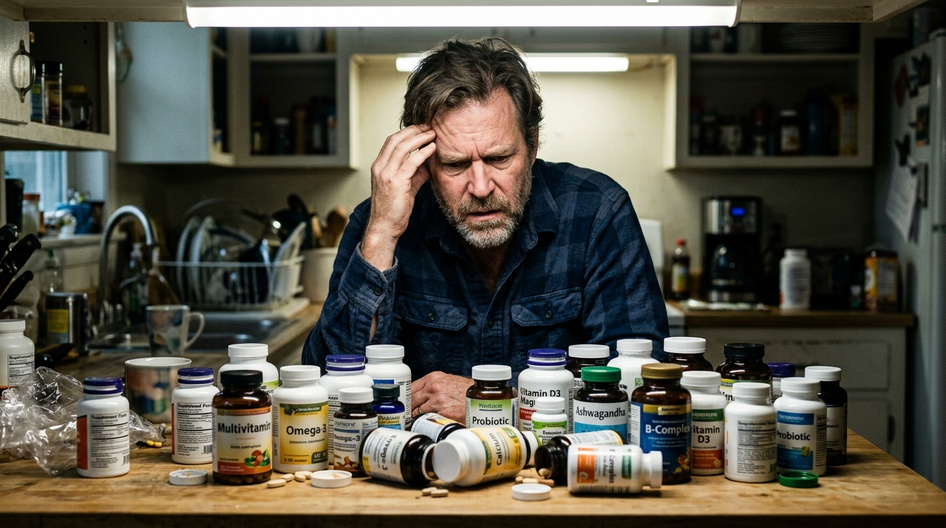 supplement confusion multiple bottles kitchen counter