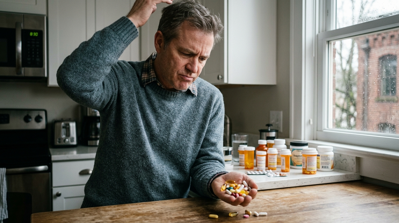 Man examining multiple supplements and medications in palm