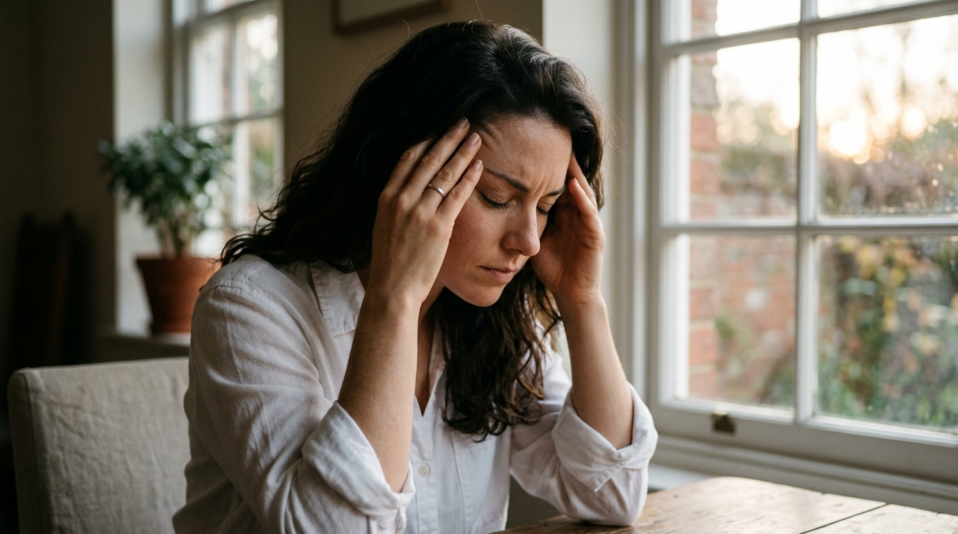 Woman with hands on temples showing concentration and fatigue