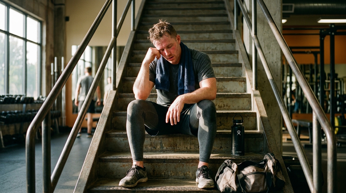 Exhausted man resting after workout showing exercise intolerance