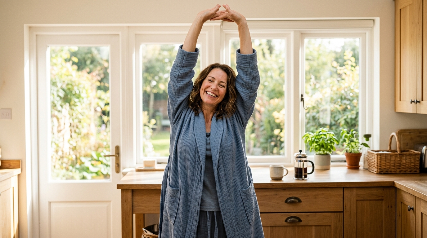 Energetic woman stretching happily in bright morning kitchen
