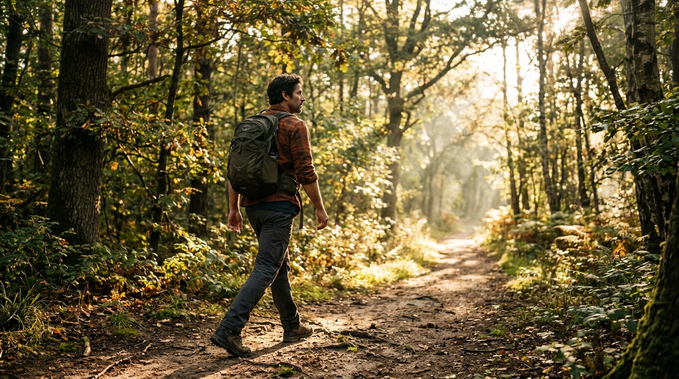 Man walking confidently on forest path in morning light