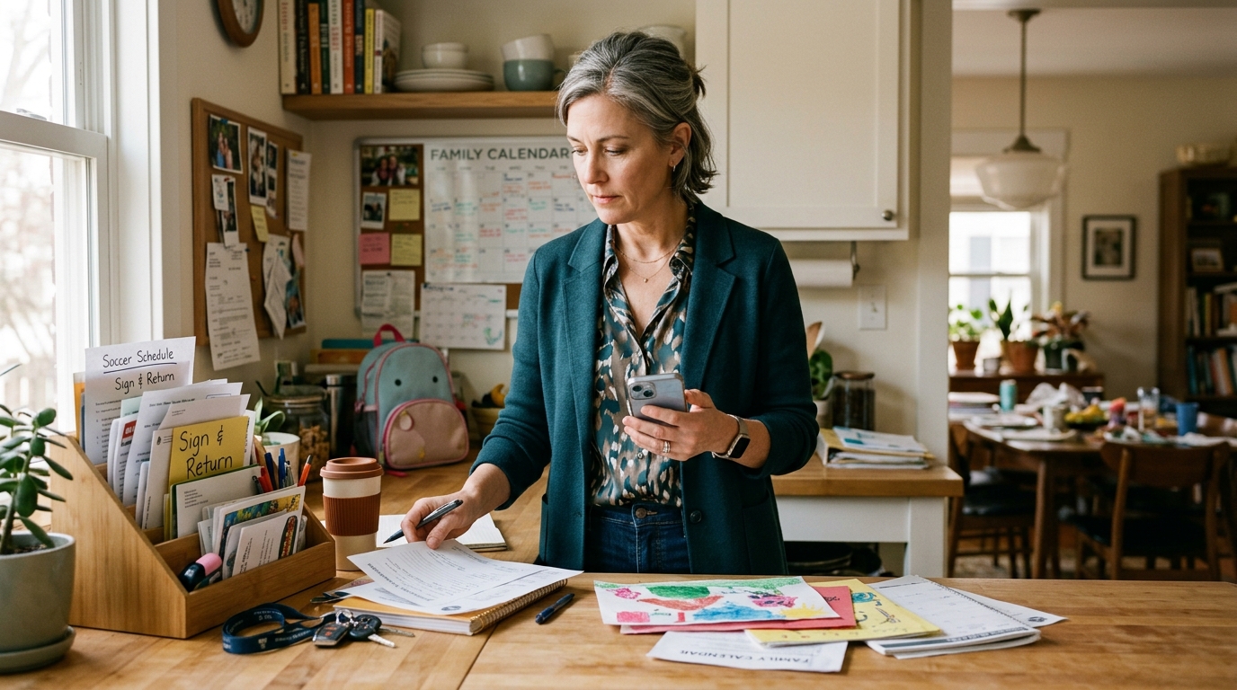 woman in fifties managing multiple responsibilities
