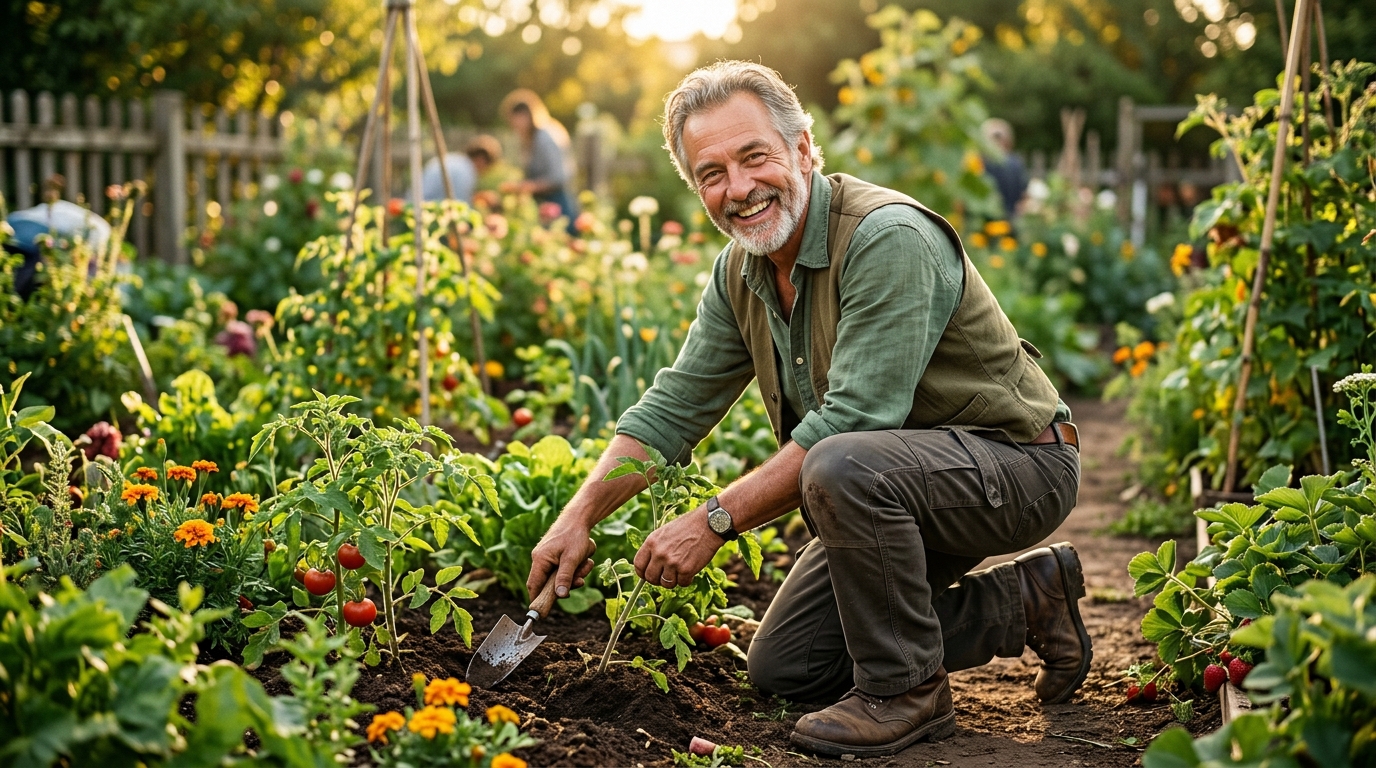 active man in sixties gardening with vitality