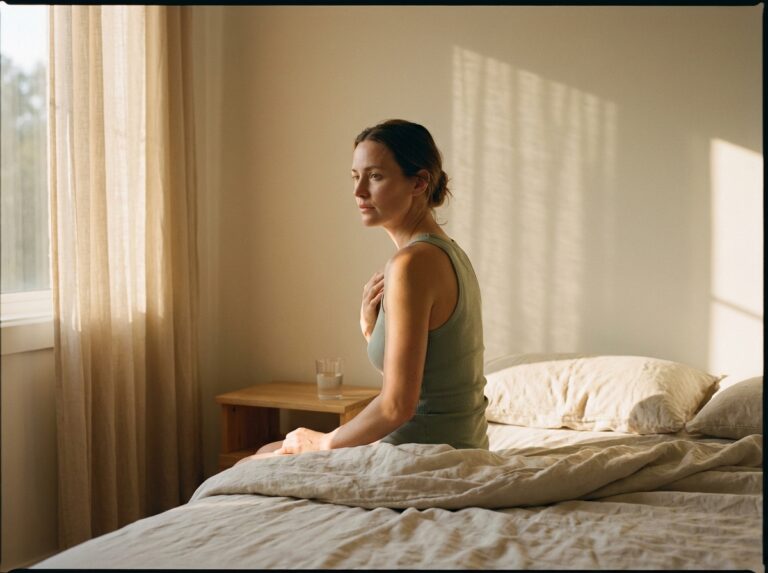 Woman sitting on edge of bed in morning light with hand on chest in quiet reflection