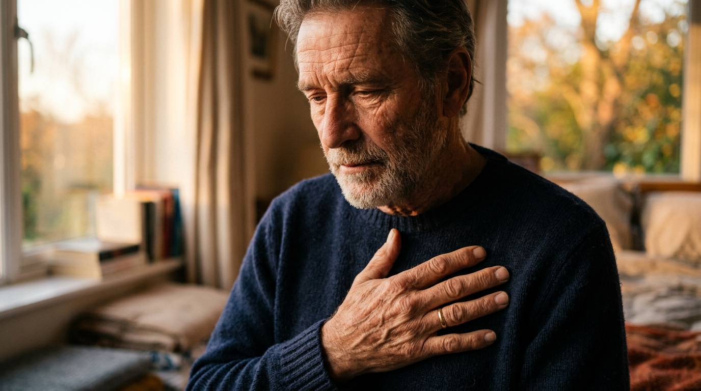 man listening to his heart with thoughtful expression