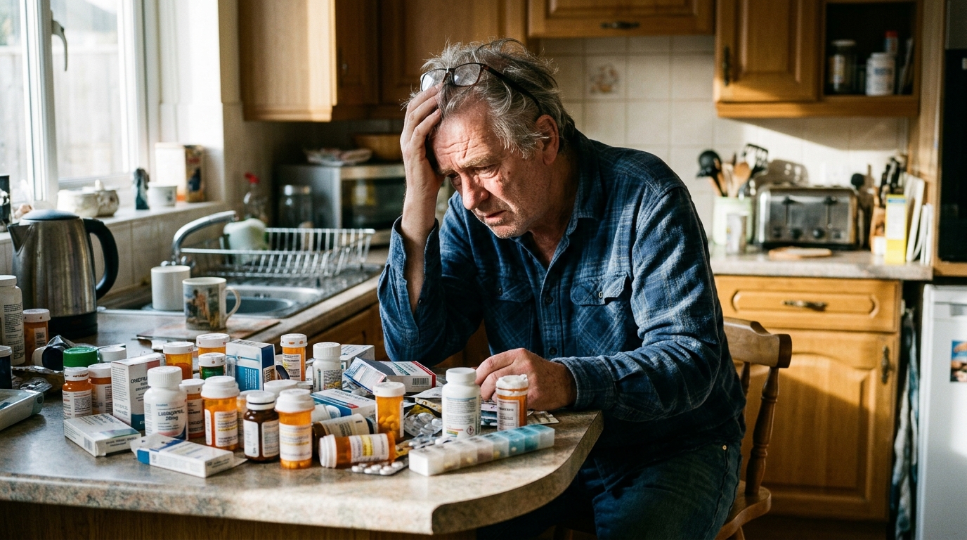 frustrated man surrounded by various supplement bottles