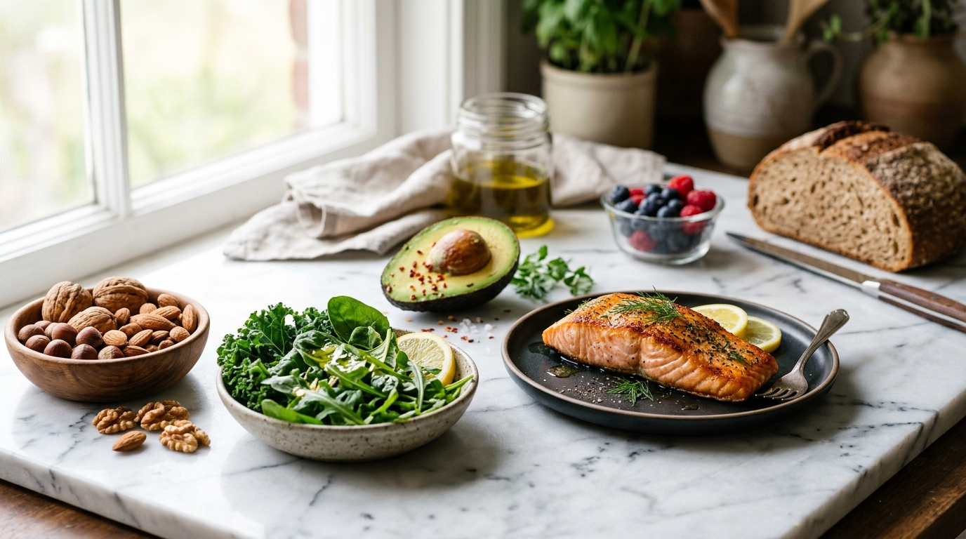 heart healthy foods arranged on marble counter