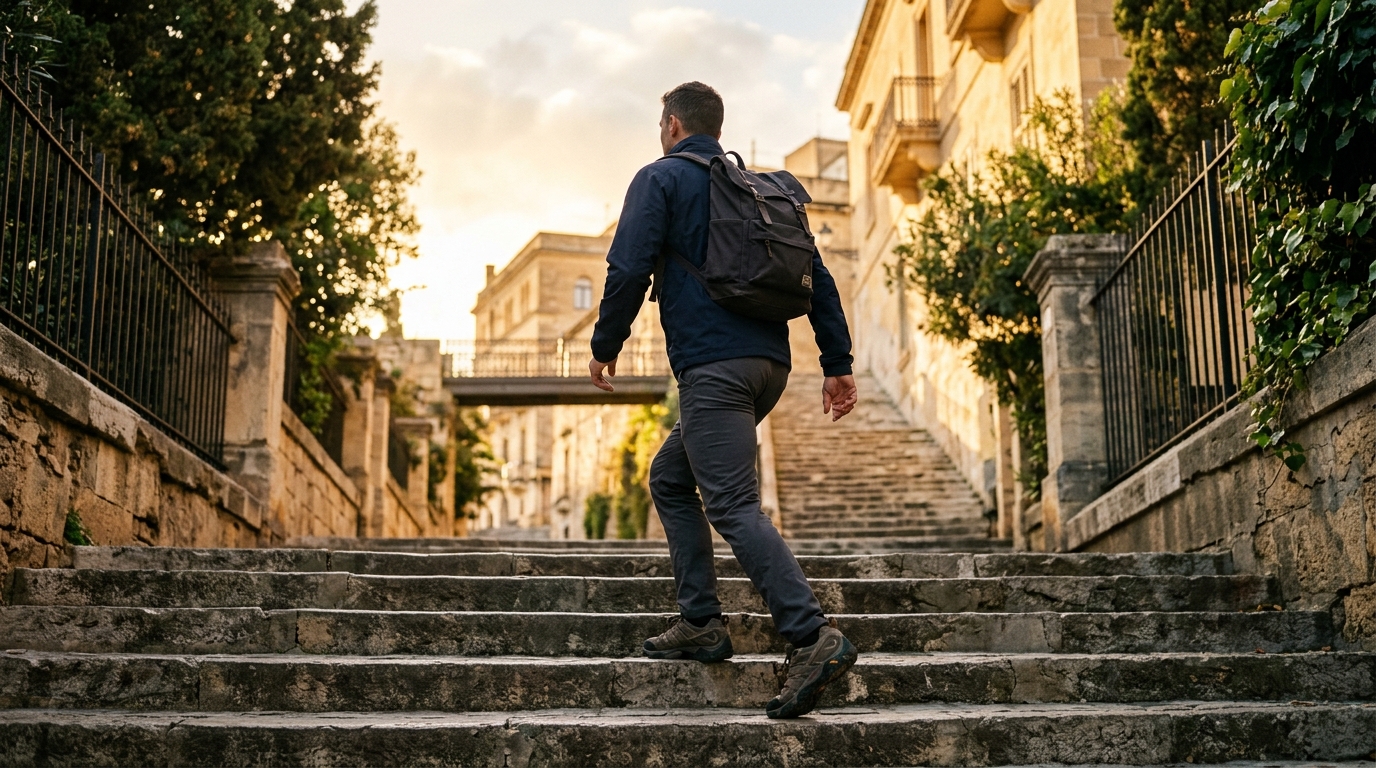 man energetically climbing outdoor steps in morning light