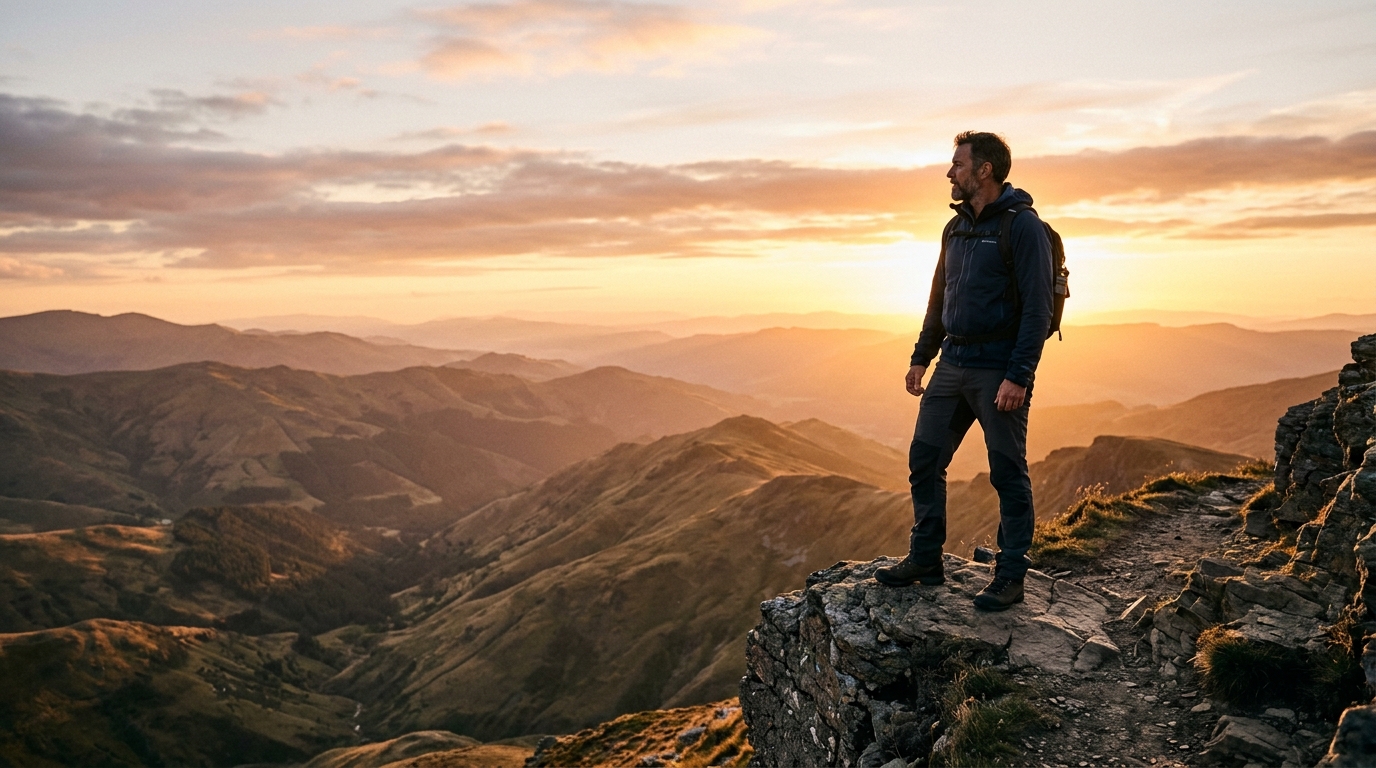 confident man overlooking mountain vista at sunset