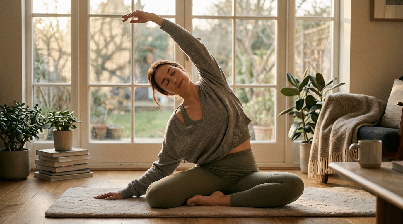 Woman stretching in peaceful morning recovery