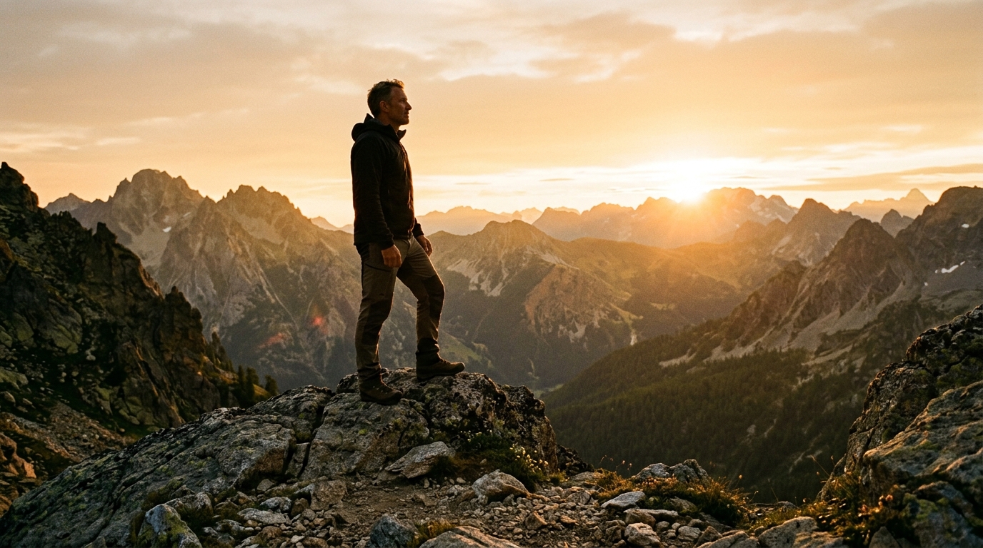 Man confidently facing sunrise mountain vista