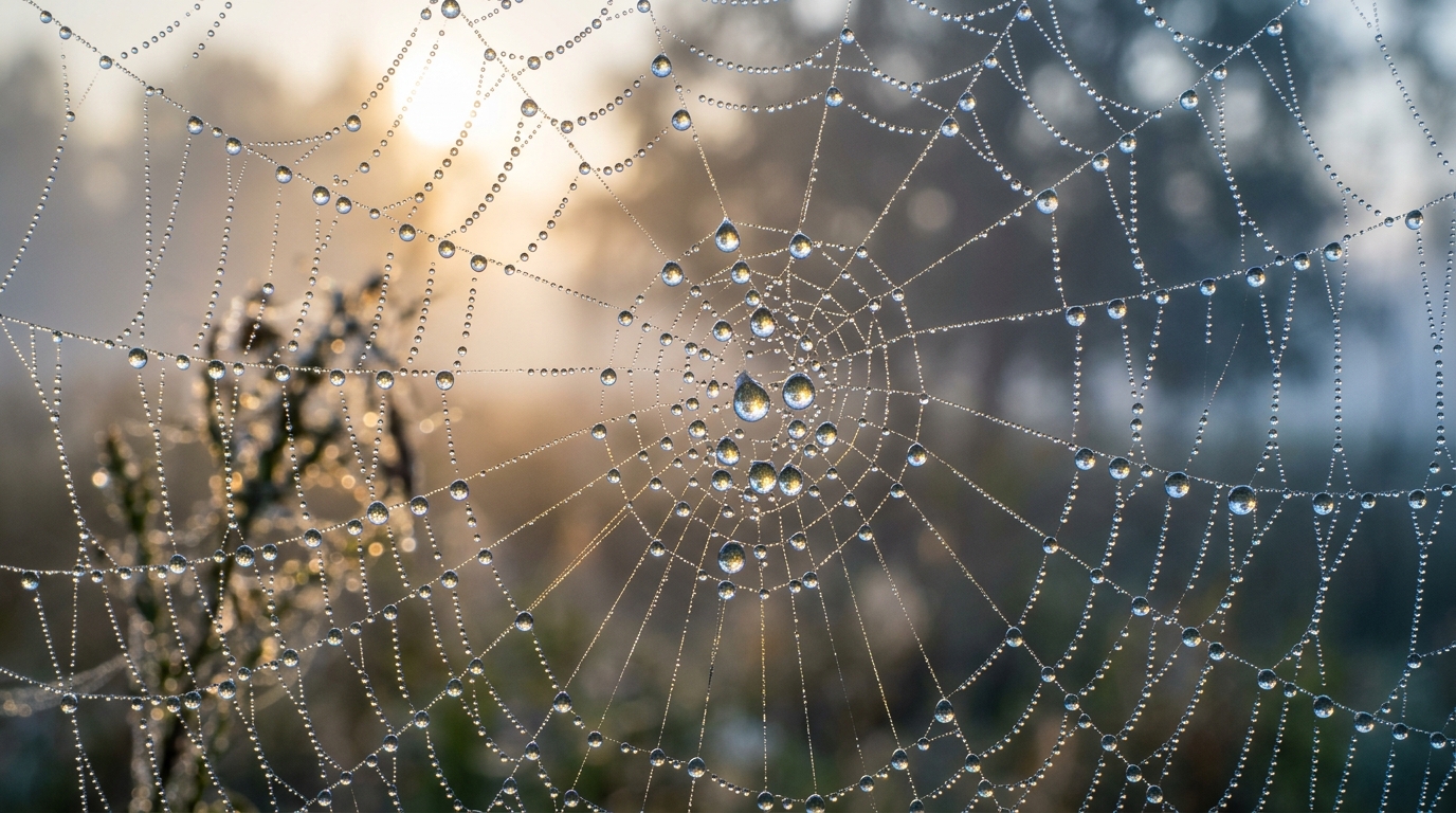 dewdrops on spider web catching morning light