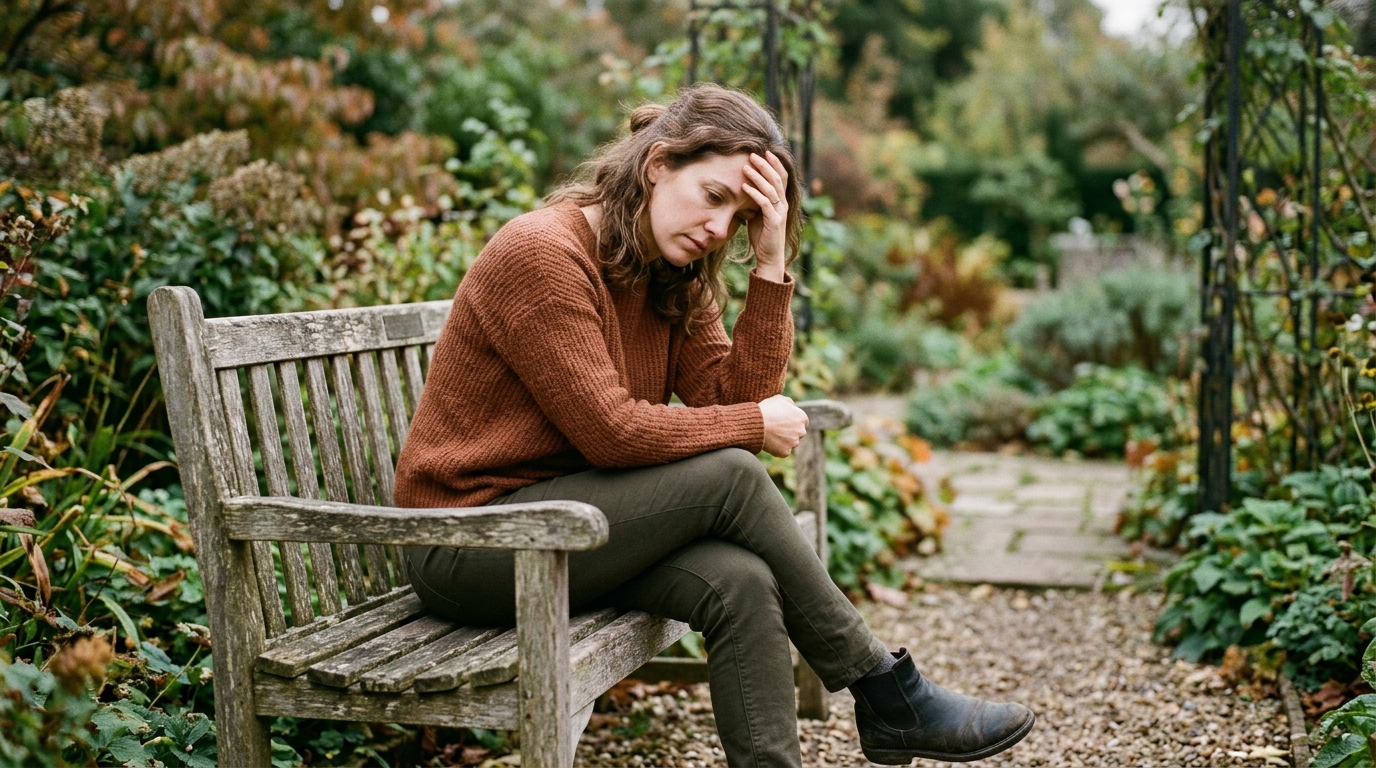 woman in contemplative pose showing fatigue